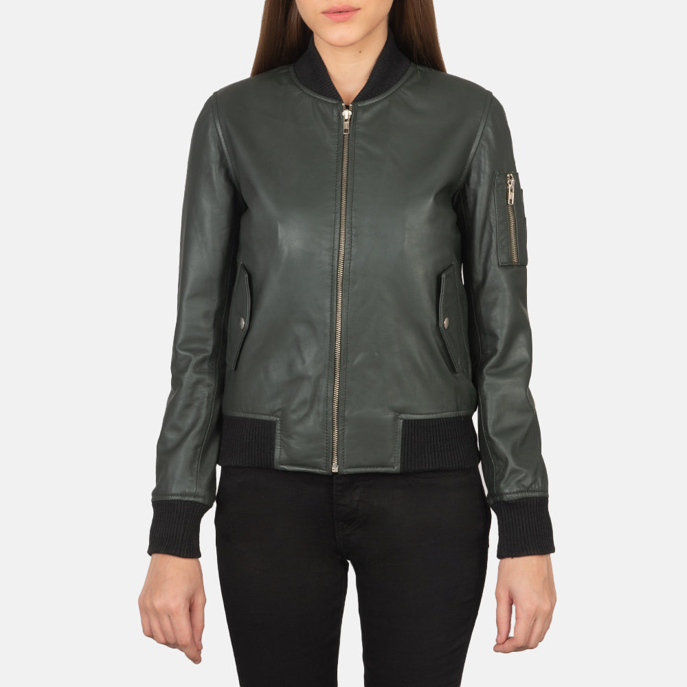 
Vue détaillée of Rib Knit & Zipper Hardware on Ava Ma-1 Green Leather Bomber Jacket
