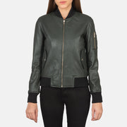 
Vue détaillée of Rib Knit & Zipper Hardware on Ava Ma-1 Green Leather Bomber Jacket