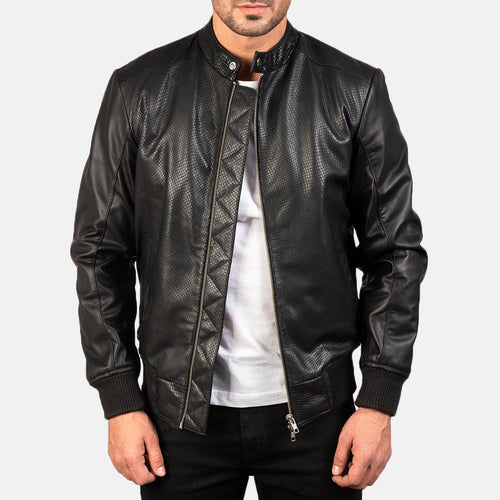 Avan Black Leather Bomber Jacket in Black Cowhide (Torso) &Amp; Goatskin (Sleeves) Leather - Front Profile View & Tailored Silhouette | Buy Online