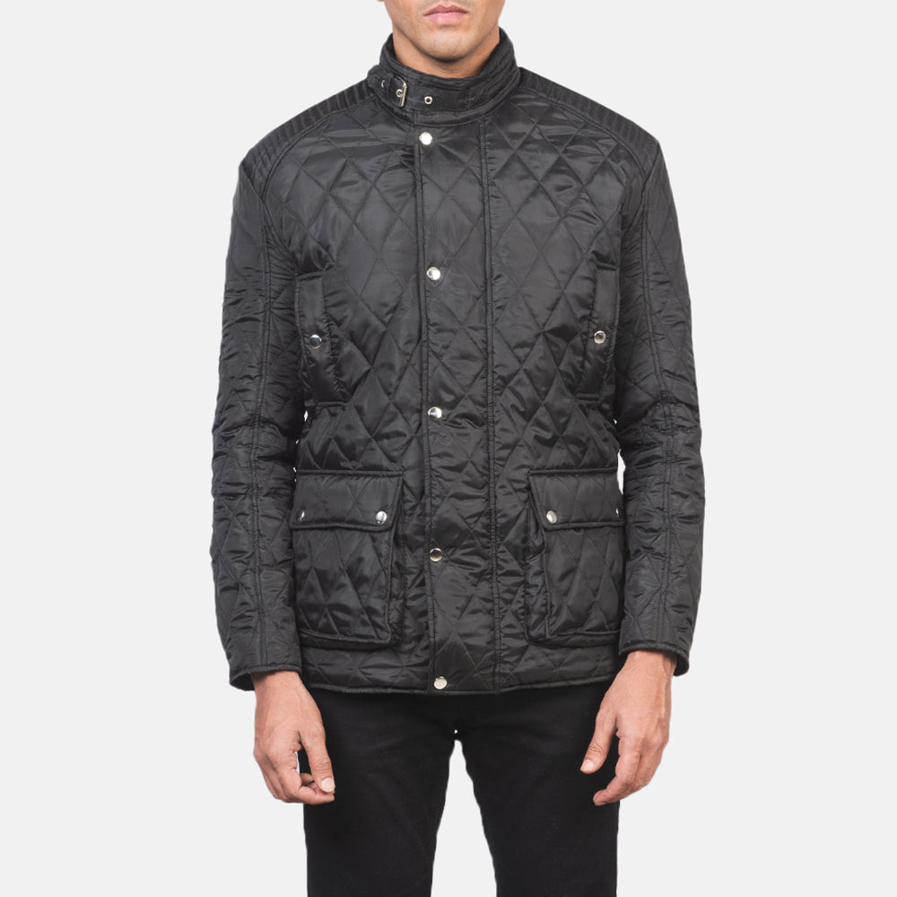 Vue détaillée of Belted Band &amp; Button Hardware on Men's Barry Matelassé Noir Windbreaker Veste en Cuir pour Homme