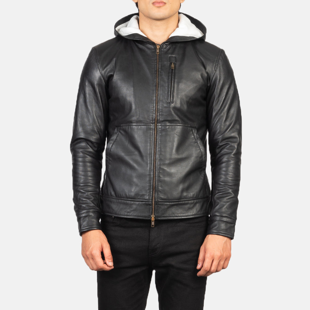 Vue détaillée of Hooded &amp; Zipper Hardware on Men's Baston Black Hooded Leather Bomber Jacket