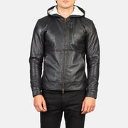 Vue détaillée of Hooded &amp; Zipper Hardware on Men's Baston Black Hooded Leather Bomber Jacket