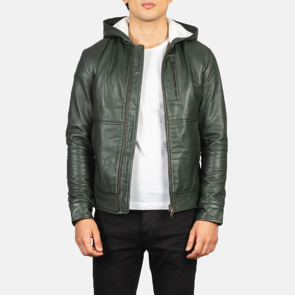 Snap Button &amp; Hem Craftsmanship Construction Detail on Men's Baston Black Hooded Leather Bomber Jacket