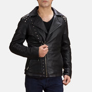Men's Noir Studded Veste Motard en Cuir pour Homme in Black Sheepskin Leather - Vue de face &amp; silhouette ajustée | Acheter en ligne