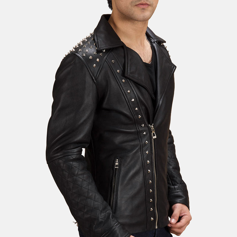 Noir Studded Veste Motard en Cuir pour Homme