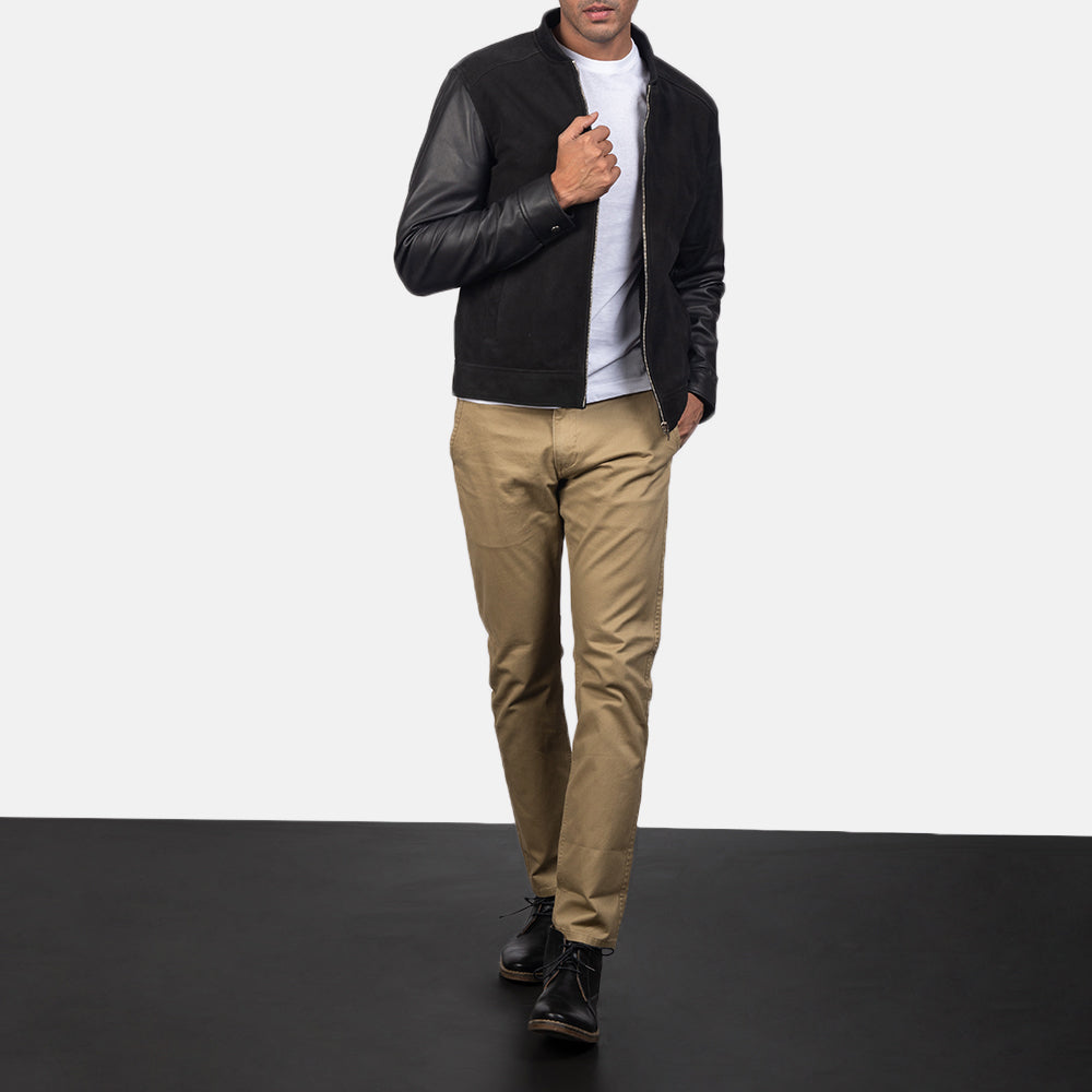 Vue détaillée of Knit Rib &amp; Zipper Hardware on Men's Blain Brown Suede Bomber Jacket
