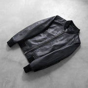 Rib Knit &amp; Hem Craftsmanship Construction Detail on Women's Bliss Noir Blouson Bomber en Cuir pour Femme