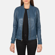 Women's Bliss Bleu Blouson Bomber en Cuir pour Femme in Blue Sheepskin Leather - Vue de face &amp; silhouette ajustée | Acheter en ligne