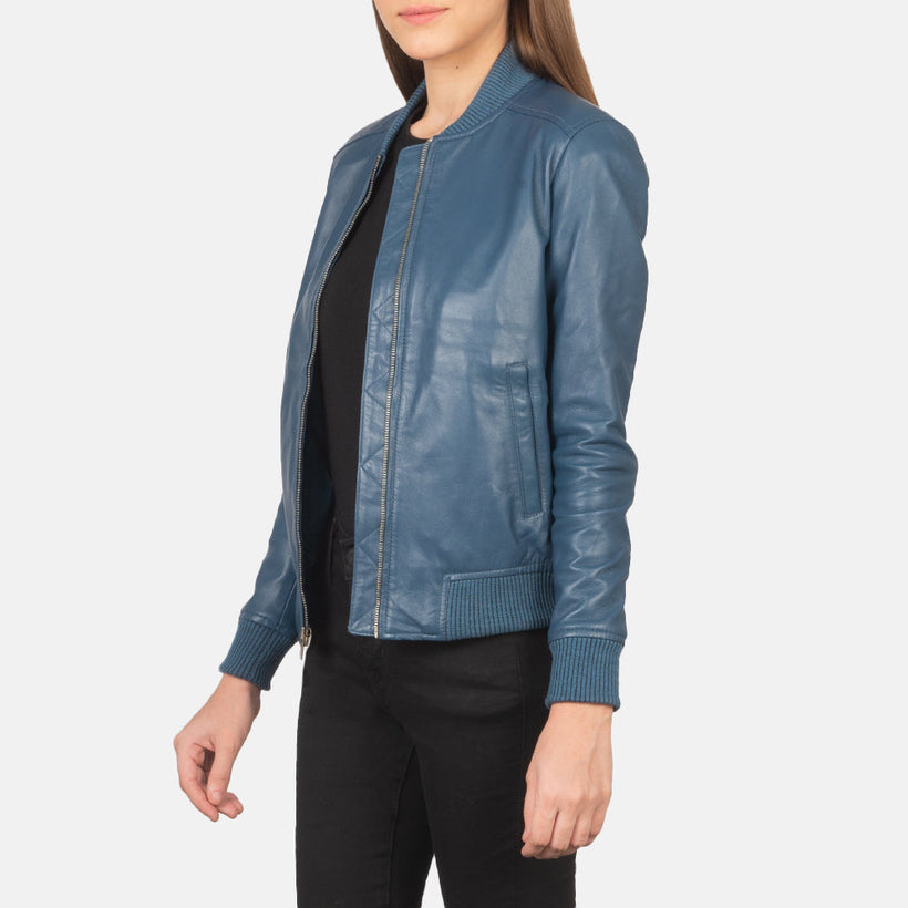 Bliss Bleu Blouson Bomber en Cuir pour Femme