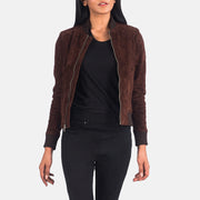 Women's Bliss Marron Suede Blouson Bomber en Cuir pour Femme in Brown Goatskin Suede - Vue de face &amp; silhouette ajustée | Acheter en ligne
