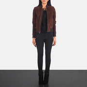 Women's Bliss Marron Suede Blouson Bomber en Cuir pour Femme - Vue de profil avec coupe de manche ergonomique