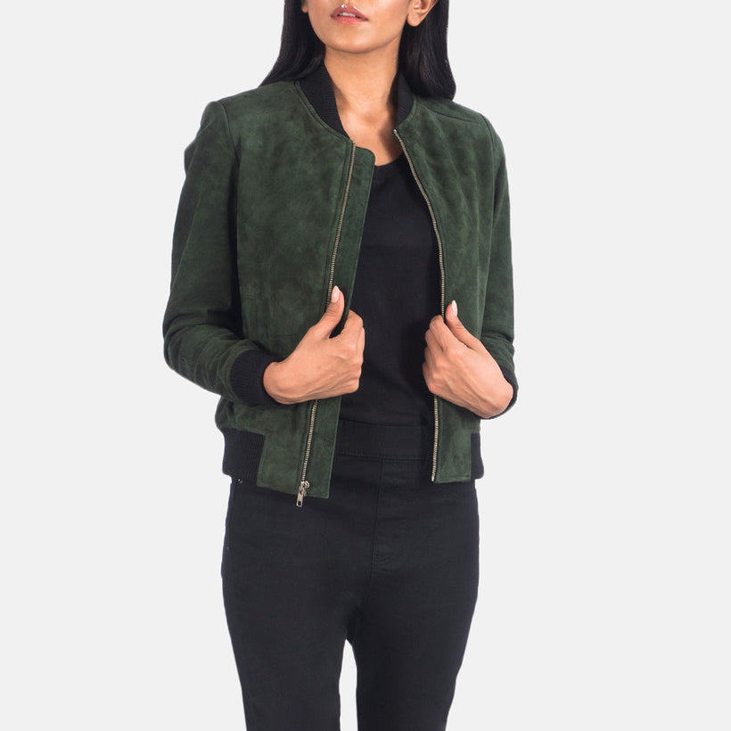 Bliss Vert Suede Blouson Bomber en Cuir pour Femme