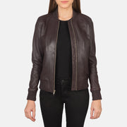 Women's Bliss Bordeaux Blouson Bomber en Cuir pour Femme in Maroon Sheepskin Leather - Vue de face &amp; silhouette ajustée | Acheter en ligne