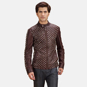 Blix Bono Bordeaux Veste Motard en Cuir pour Homme in Maroon Sheepskin Leather - Vue de face &amp; silhouette ajustée | Acheter en ligne