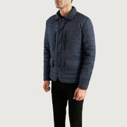 Navy Blue Nylon Winter Jacket - Vue de dos avec coupe ajustée aux épaules &amp; ourlet soigné
