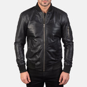 Vue détaillée of Rib Knit &amp; Zipper Hardware on Men's Bomia Ma-1 Black Leather Bomber Jacket