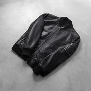 Rib Knit &amp; Hem Craftsmanship Construction Detail on Men's Bomia Ma-1 Black Leather Bomber Jacket