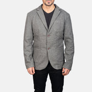 Vue détaillée of Notch &amp; Button Hardware on Men's Grey Wool Blazer