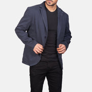Navy Blue Poly-Cotton Leather Blazer - Vue de dos avec coupe ajustée aux épaules &amp; ourlet soigné