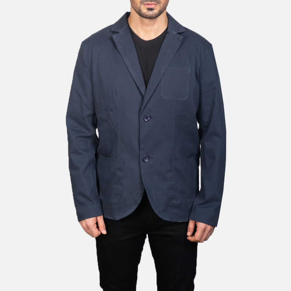 Vue détaillée of Notch &amp; Button Hardware on Borges Navy Bleu Blazer en Cuir pour Homme