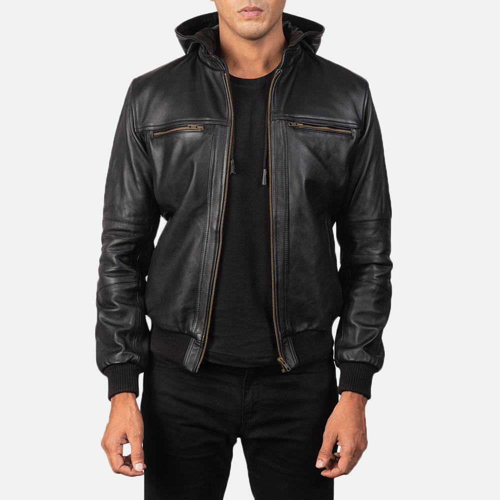
Bouncer Biz Black Leather Hooded Bomber Jacket in Black Cowhide Leather - Vue de face & silhouette ajustée | Acheter en ligne