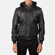 
Bouncer Biz Black Leather Hooded Bomber Jacket - Vue de profil mettant en valeur la coupe de manche ergonomique