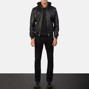 
Vue détaillée of Band & Zipper Hardware on Bouncer Biz Black Leather Hooded Bomber Jacket