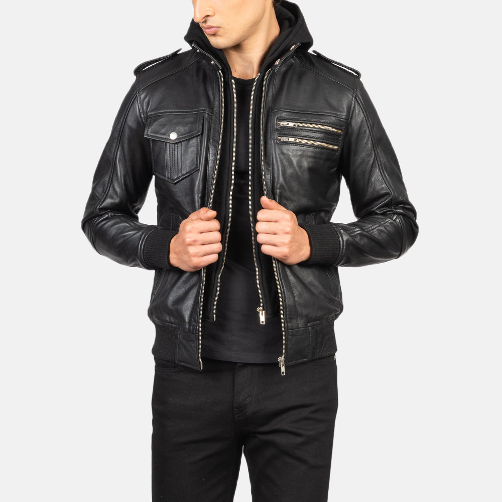 Men's Bravado Black Hooded Leather Bomber Jacket in Black Sheepskin Leather - Vue de face &amp; silhouette ajustée | Acheter en ligne