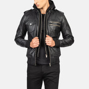 Men's Bravado Black Hooded Leather Bomber Jacket in Black Sheepskin Leather - Vue de face &amp; silhouette ajustée | Acheter en ligne