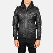 Vue détaillée of High Neck &amp; Zipper Hardware on Men's Bravado Black Hooded Leather Bomber Jacket