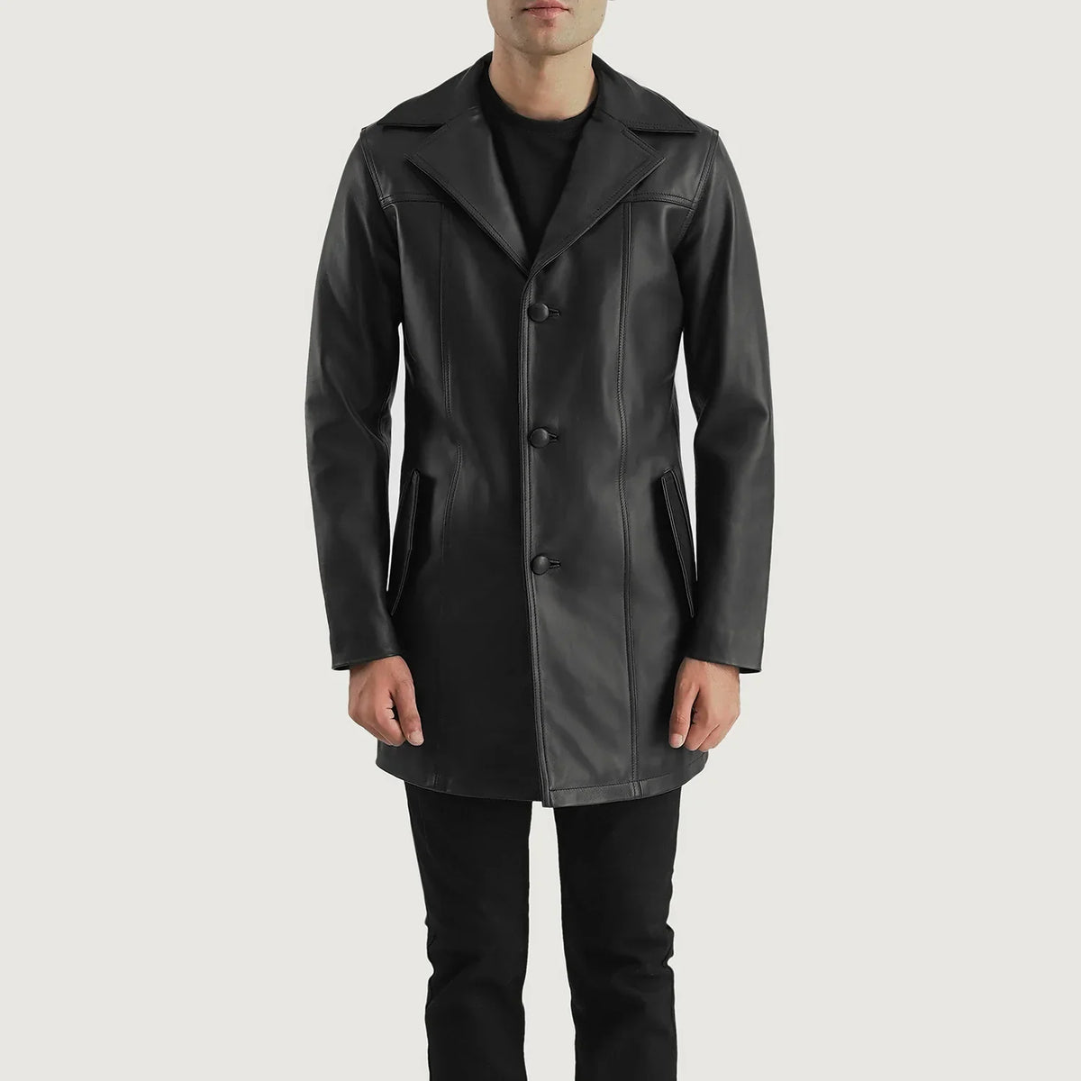 Vue détaillée of Notch &amp; Button Hardware on Brawnton Noir Manteau en Cuir pour Homme