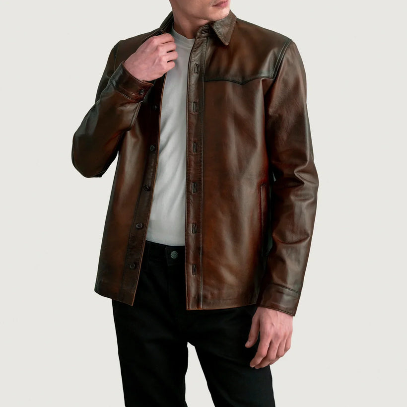 Bronco Patine Usée Marron Leather Shirt pour Homme