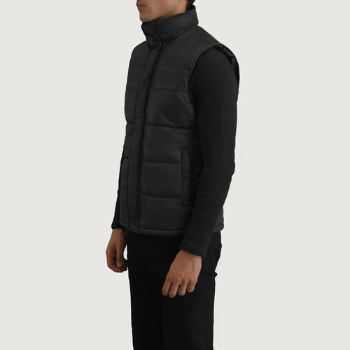 Black Full-Grain leather Vest - Back View Showing Tailored Shoulder Fit & Clean Hemline