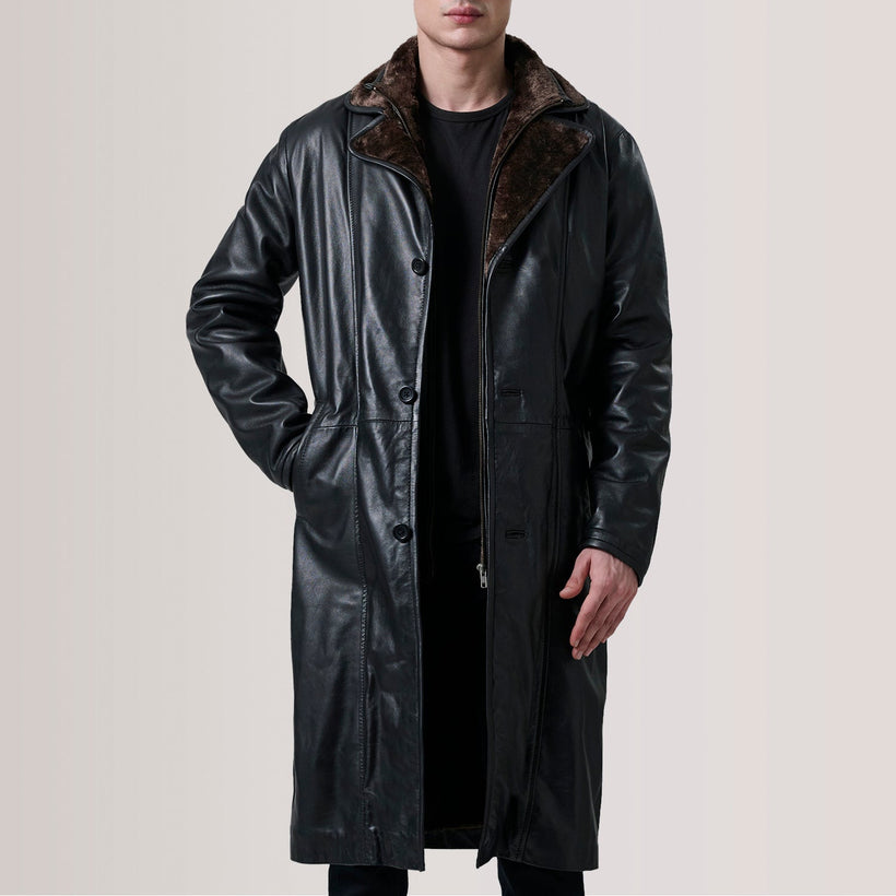 Cai Noir Leather Shearling Manteau en Cuir pour Homme