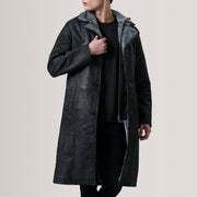 Cai Patine Usée Noir Leather Shearling Manteau en Cuir pour Homme For Men in Distressed Black Sheepskin Snuffed - Vue de face &amp; silhouette ajustée | Acheter en ligne