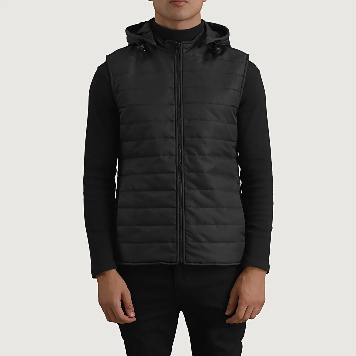 
Vue détaillée of Classic Collar & Zipper Hardware on Carlo Noir Doudoune sans manches à capuche pour Homme