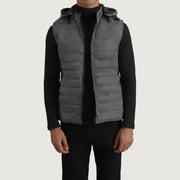 Carlo Gris Hooded Puffer Vest pour Homme in Green Full-Grain Leather - Vue de face &amp; silhouette ajustée | Acheter en ligne