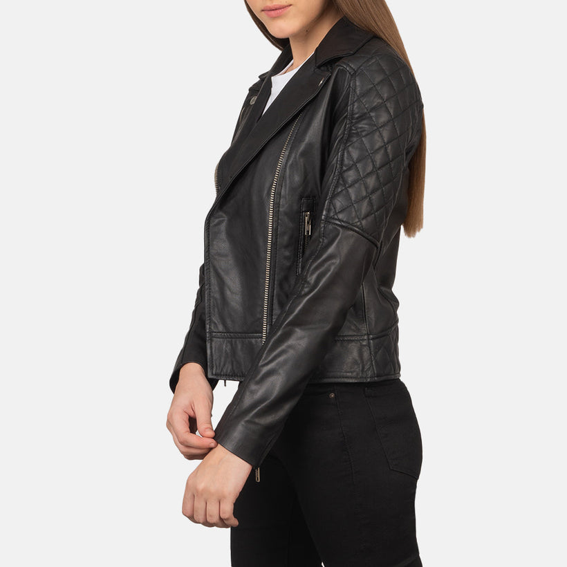 Carolyn Matelassé Noir Veste Motard en Cuir pour Femme