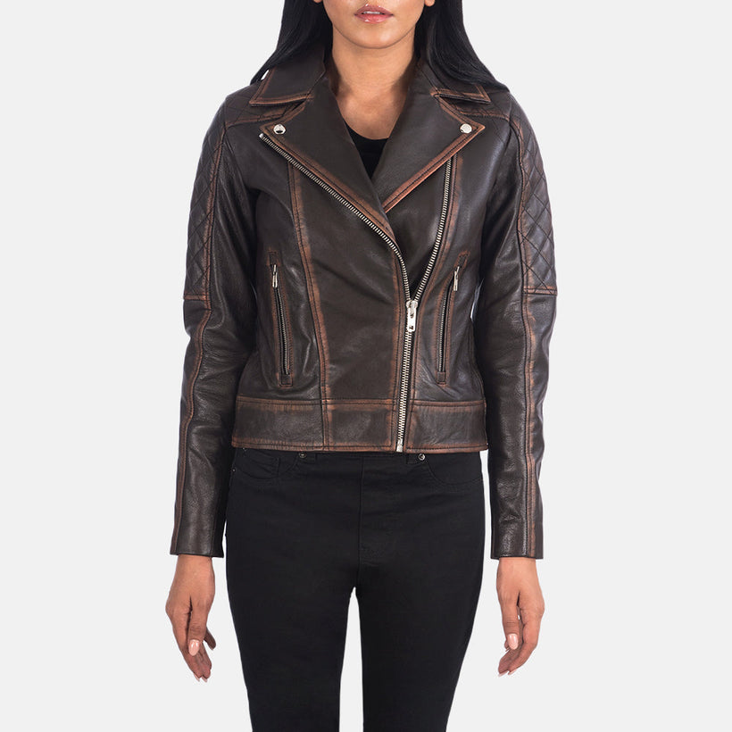 Carolyn Matelassé Vintage Marron Veste Motard en Cuir pour Femme