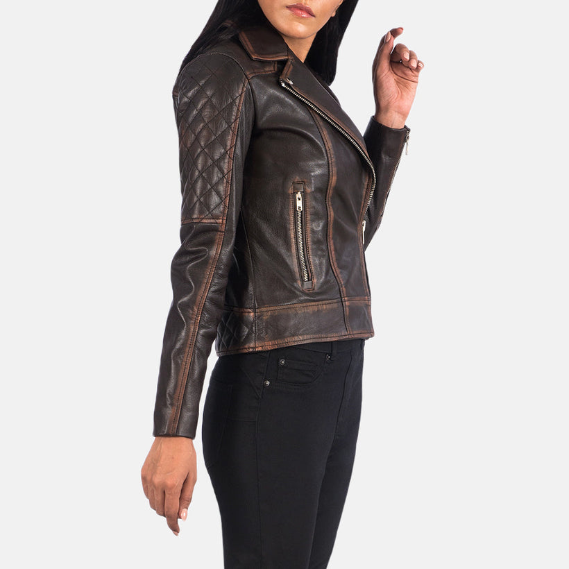 Carolyn Matelassé Vintage Marron Veste Motard en Cuir pour Femme