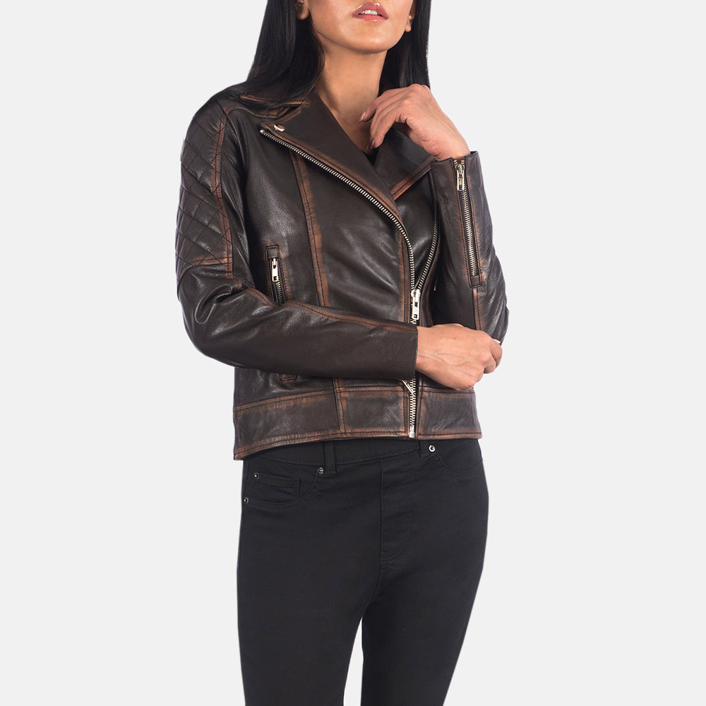 
Vue détaillée of Notch & Zipper Hardware on Carolyn Quilted Vintage Brown Biker Jacket