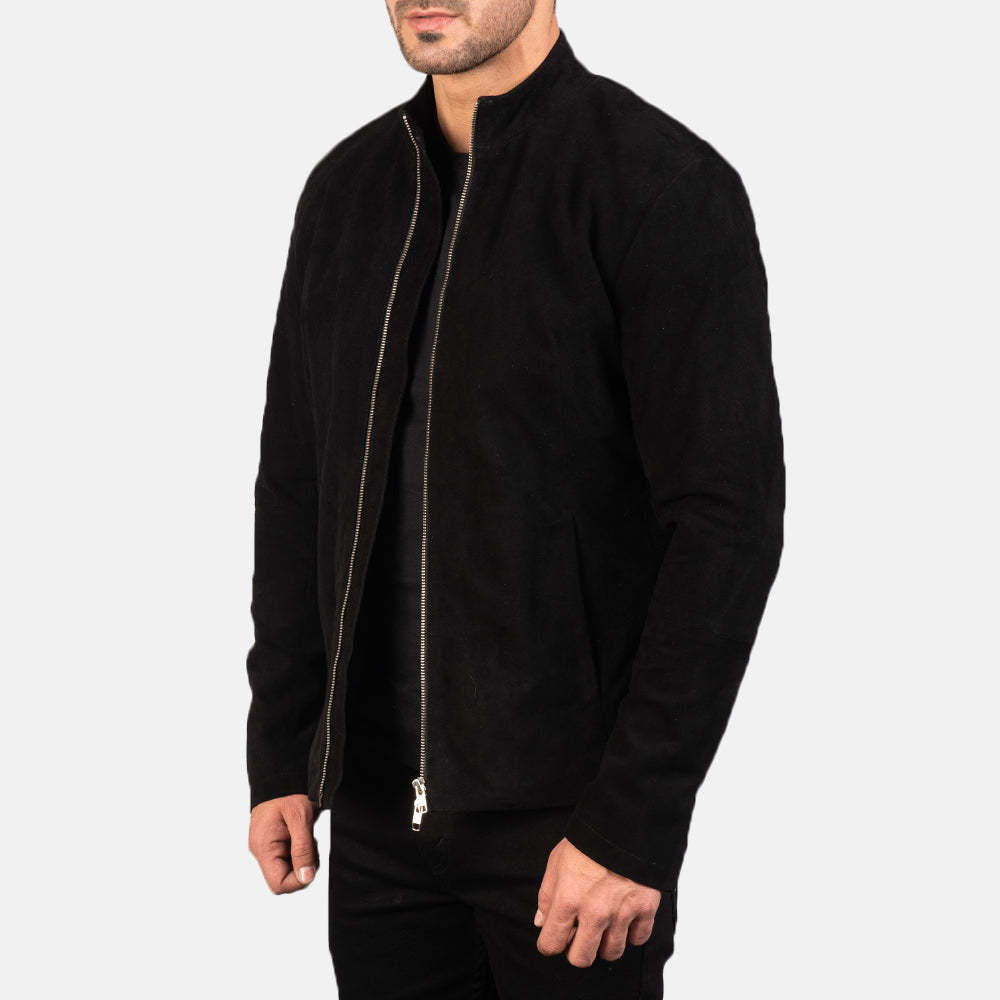 Black Goatskin Suede Biker Jacket - Vue de dos avec coupe ajustée aux épaules &amp; ourlet soigné