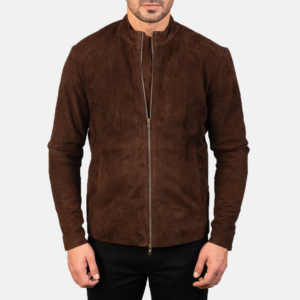 Vue détaillée of Mandarin &amp; Zipper with Dual Puller Hardware on Men's Charcoal Mocha Suede Veste Motard en Cuir pour Homme