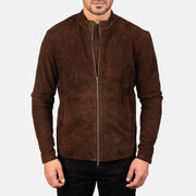 Vue détaillée of Mandarin &amp; Zipper with Dual Puller Hardware on Men's Charcoal Mocha Suede Veste Motard en Cuir pour Homme