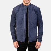 Men's Charcoal Navy Bleu Suede Veste Motard en Cuir pour Homme in Navy Blue Goatskin Suede - Vue de face &amp; silhouette ajustée | Acheter en ligne
