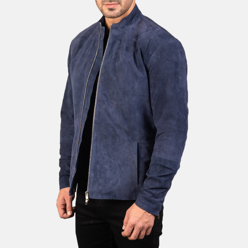 Navy Blue Goatskin Suede Biker Jacket - Vue de dos avec coupe ajustée aux épaules &amp; ourlet soigné