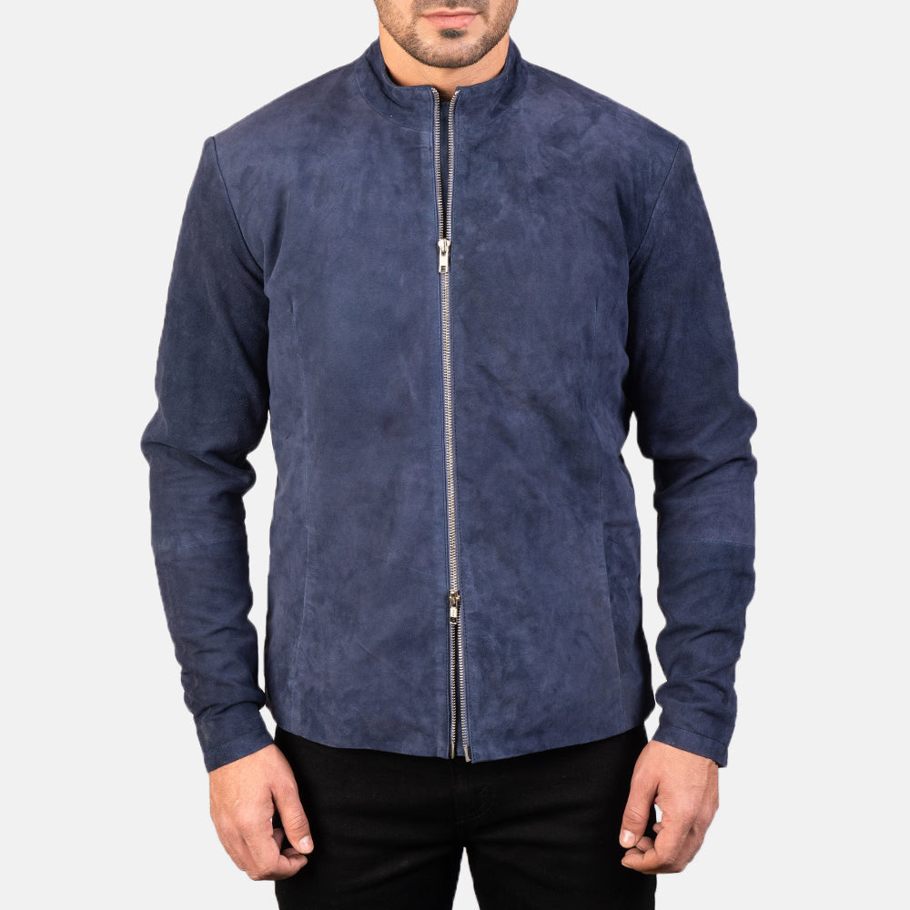 Vue détaillée of Mandarin &amp; Zipper with Dual Puller Hardware on Men's Charcoal Navy Bleu Suede Veste Motard en Cuir pour Homme
