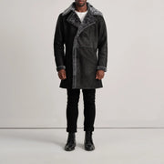 Charles Brown Suede Leather Shearling Double-Breasted Coat - Vue de profil avec coupe de manche ergonomique