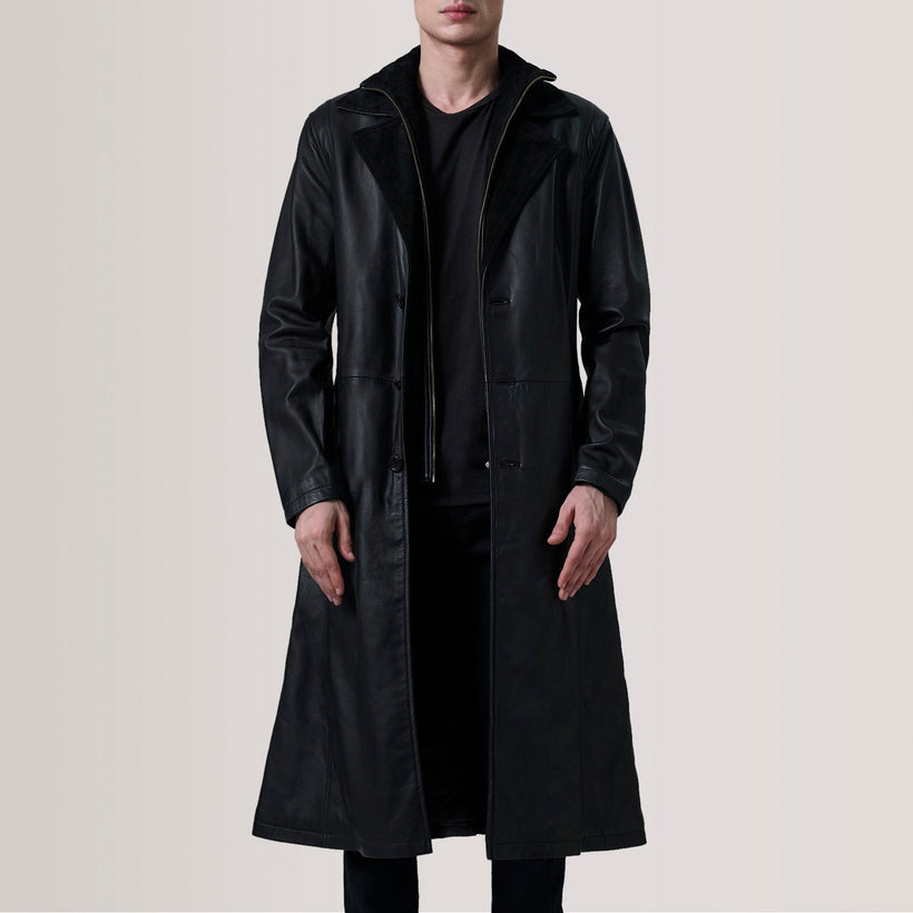 Charlton Noir Leather Single Breasted Manteau en Cuir pour Homme