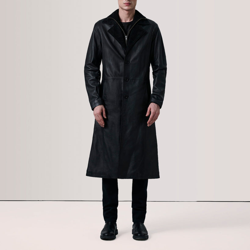 Charlton Noir Leather Single Breasted Manteau en Cuir pour Homme
